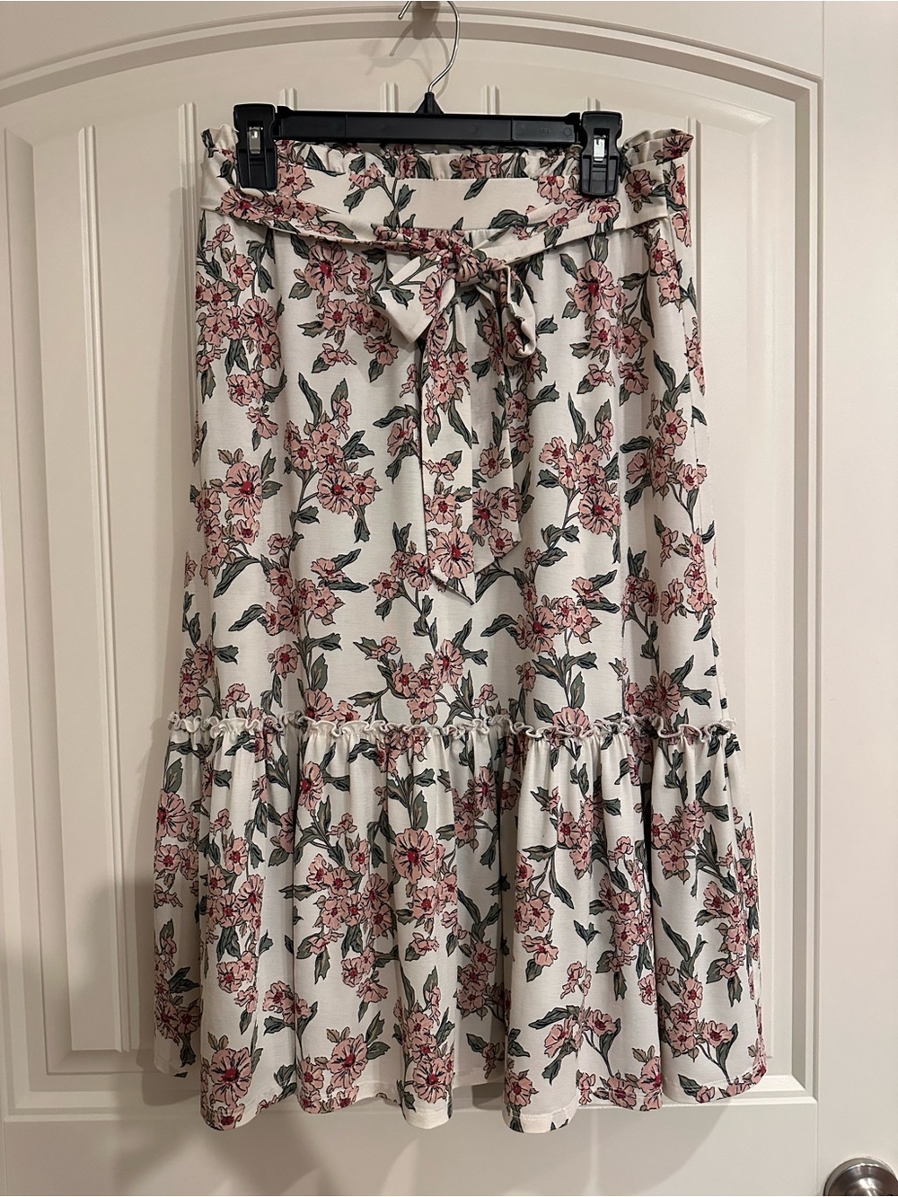 Floral Tie-Waist Midi Skirt in I Cream and Pink